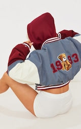 GREY PEACHED COTTON SLOGAN HOODED CROPPED BOMBER JACKET