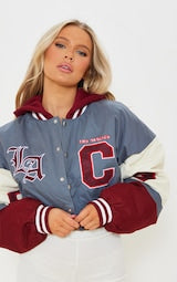 GREY PEACHED COTTON SLOGAN HOODED CROPPED BOMBER JACKET