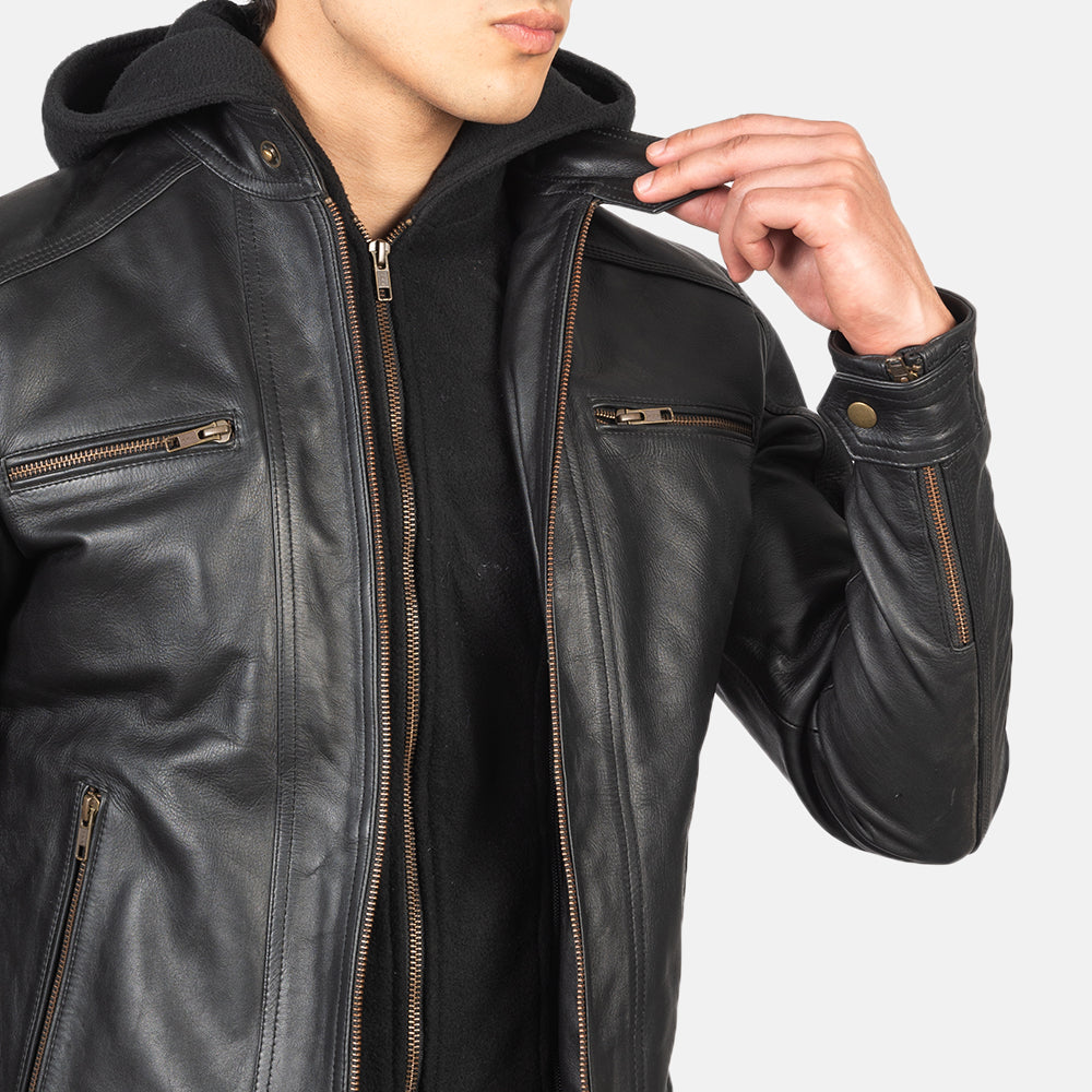 Hector Black Hooded Leather Biker Jacket - Kualited