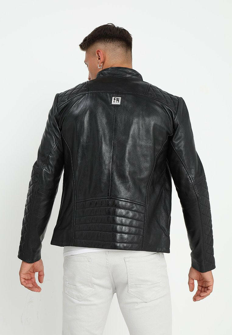 Men's black genuine leather biker jacket with quilted sleeves and zippers