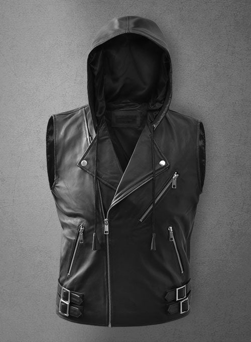 Men’s Black Leather Biker Hooded Vest - Kualited