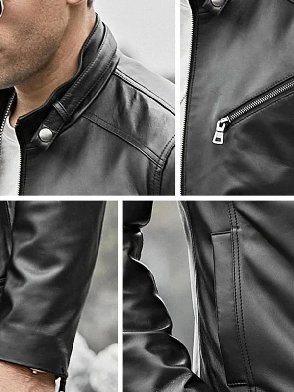 Men’s Black Leather Crew Neck Jacket - Kualited