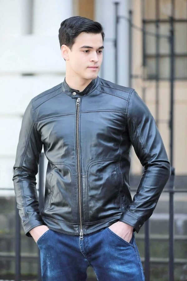 Men’s Black Leather Jacket Crew Neck