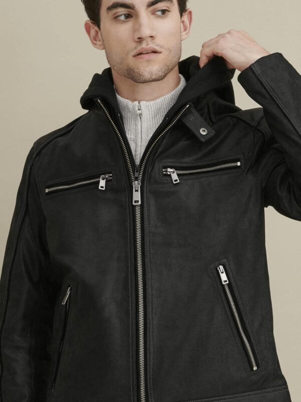 Men’s Black Leather Jacket Removable Hood - Kualited