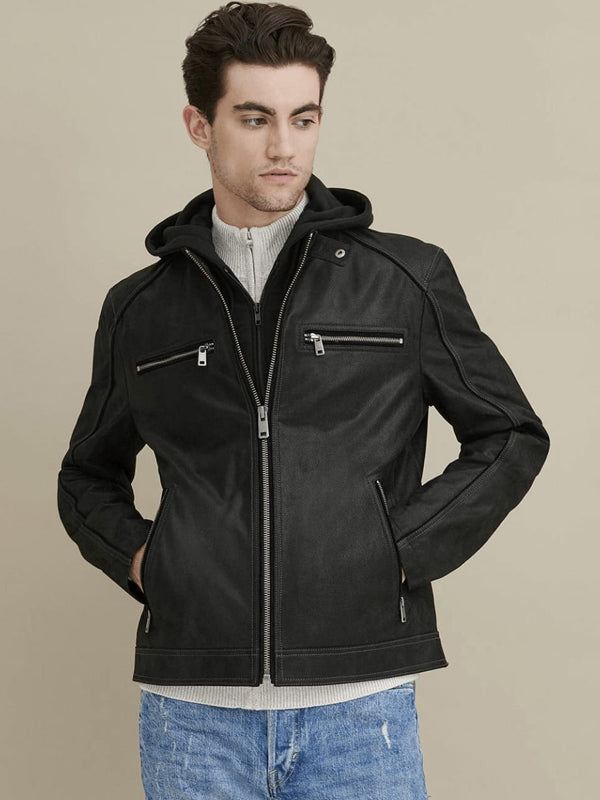 Men’s Black Leather Jacket Removable Hood - Kualited