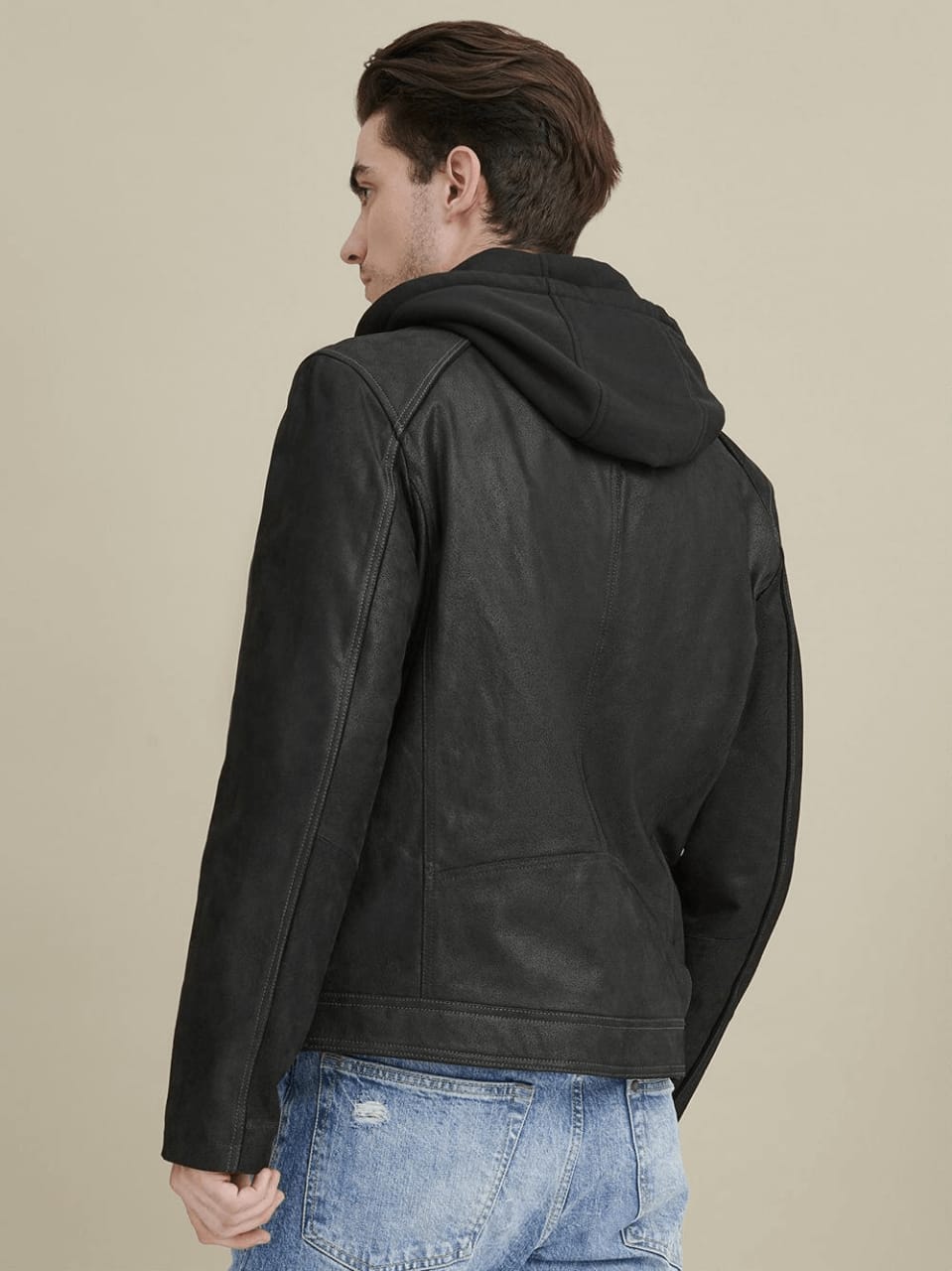 Men’s Black Leather Jacket Removable Hood