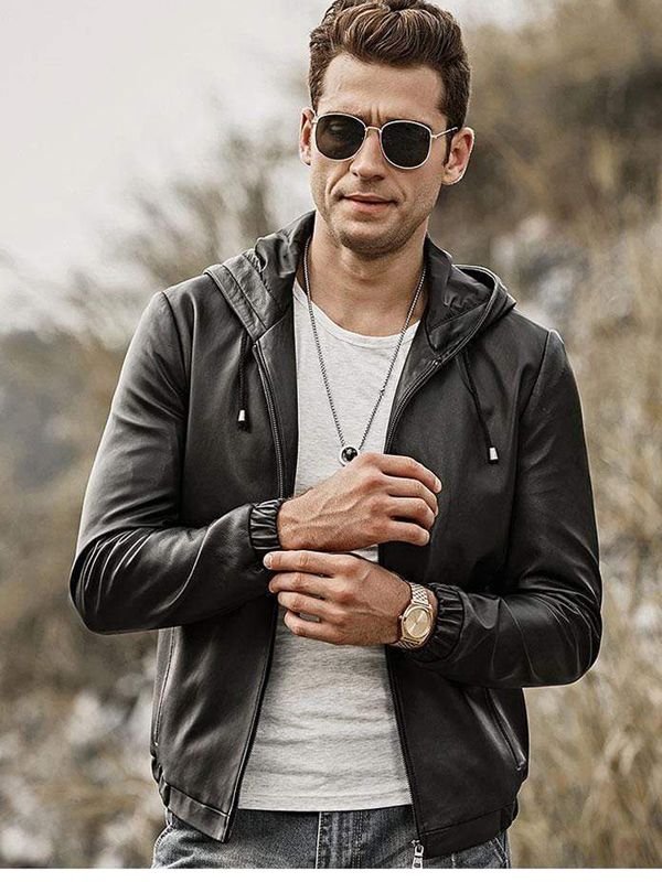 Men’s Black Leather Jacket With Hood - Kualited