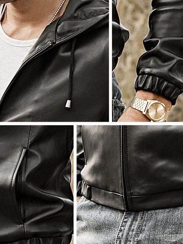 Men’s Black Leather Jacket With Hood - Kualited