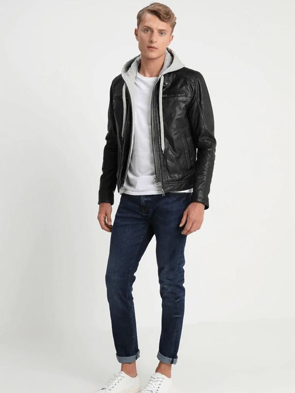 Men’s Black Leather Removable Gray Hood Biker Jacket - Kualited
