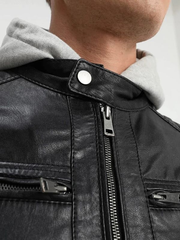 Men’s Black Leather Removable Gray Hood Biker Jacket - Kualited