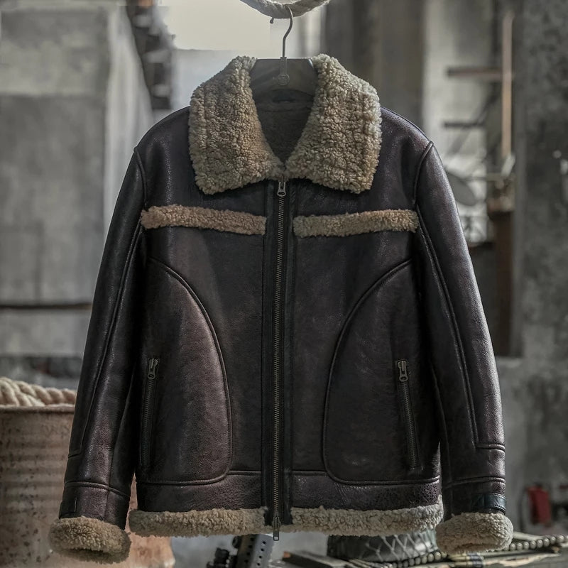 Men’s Black Leather Shearling Big Collar Biker Jacket - Kualited