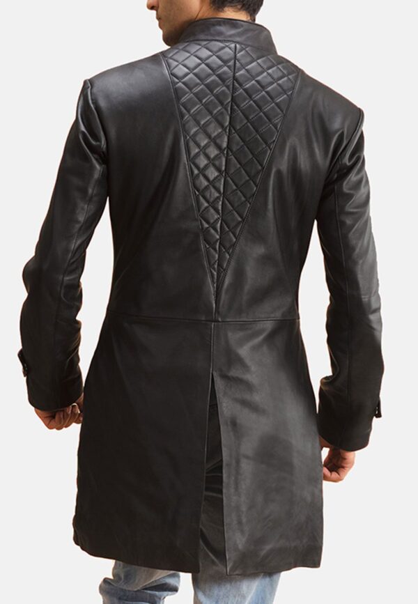 Men's black leather trench coat with quilted detailing, sleek and durable