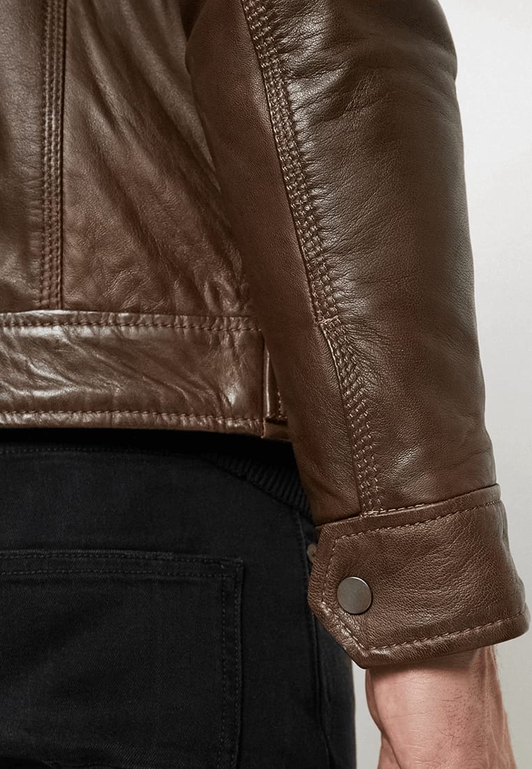 Men’s Chocolate Brown Leather Jacket Removable Hood - Kualited