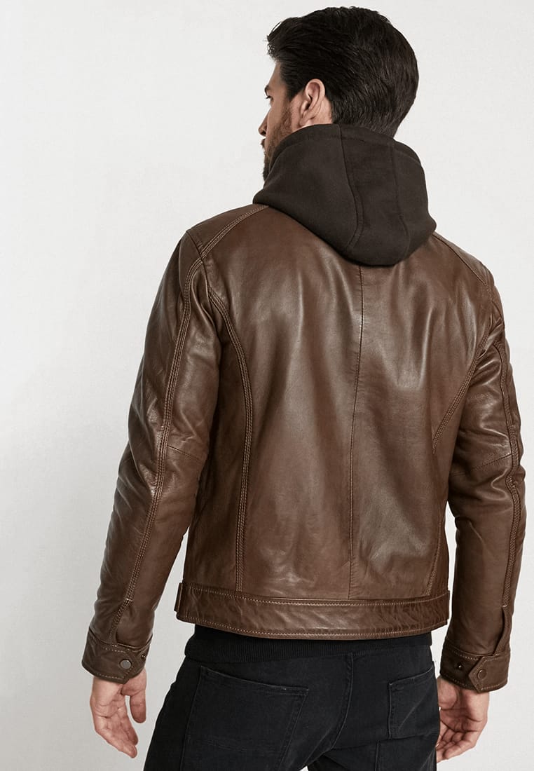 Men’s Chocolate Brown Leather Jacket Removable Hood