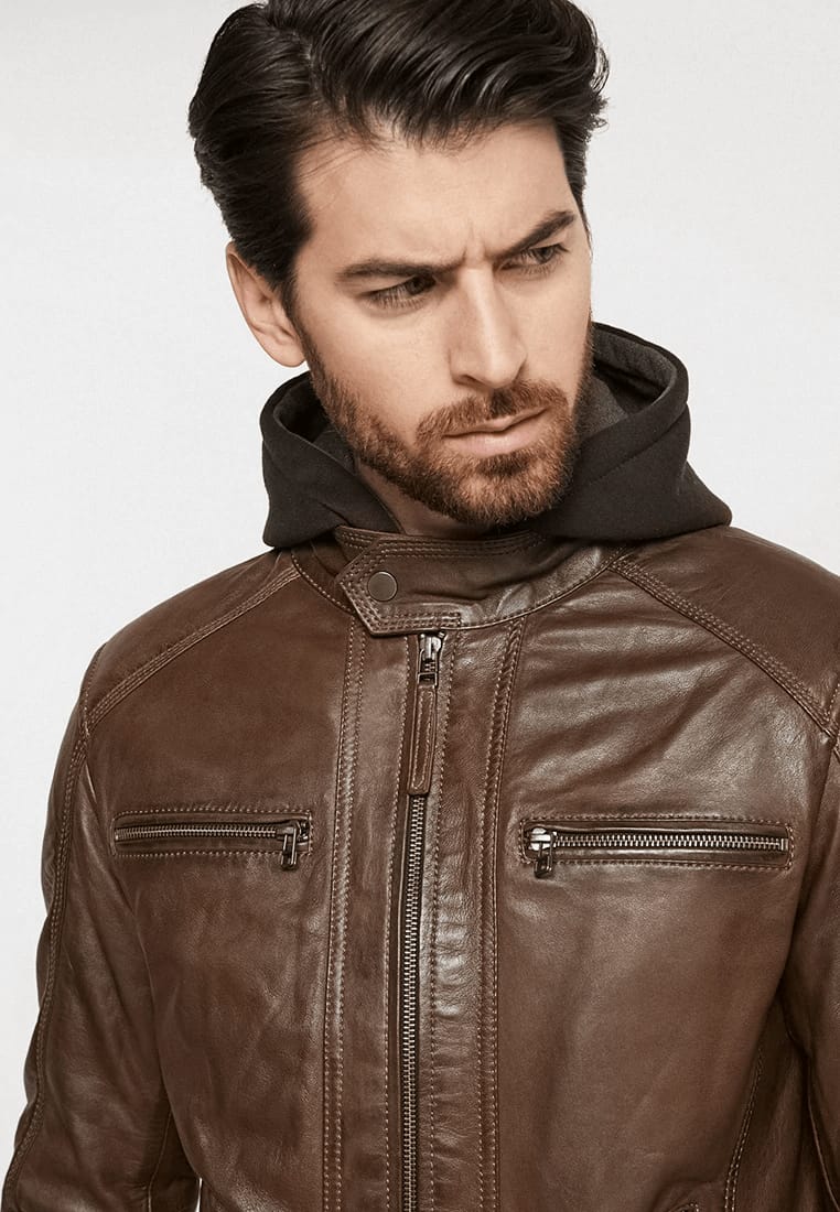 Men’s Chocolate Brown Leather Jacket Removable Hood - Kualited