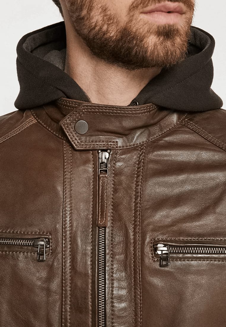 Men’s Chocolate Brown Leather Jacket Removable Hood - Kualited
