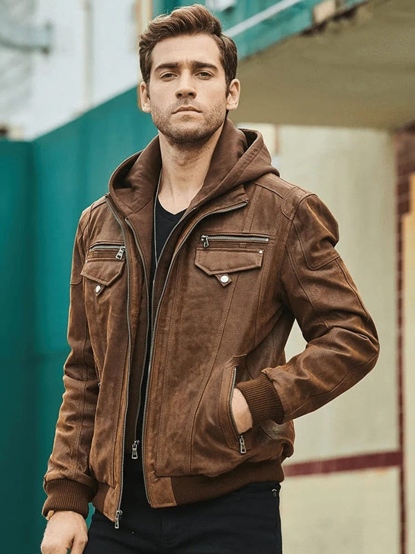 Men’s Crunch Brown Leather Bomber Jacket Removable Hood - Kualited
