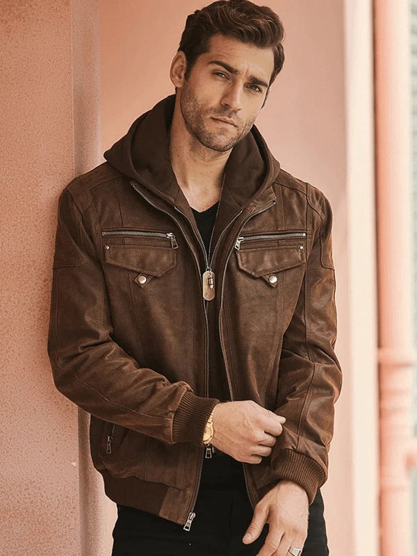 Men’s Crunch Brown Leather Bomber Jacket Removable Hood
