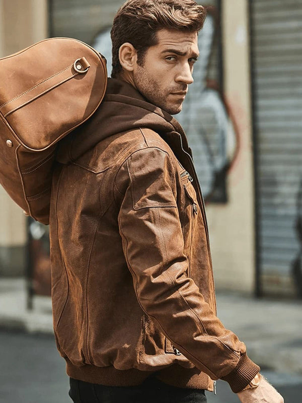 Men’s Crunch Brown Leather Bomber Jacket Removable Hood - Kualited