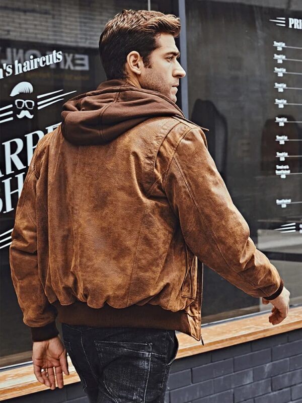Men’s Tan Brown Distressed Leather Removable Hood Bomber Jacket