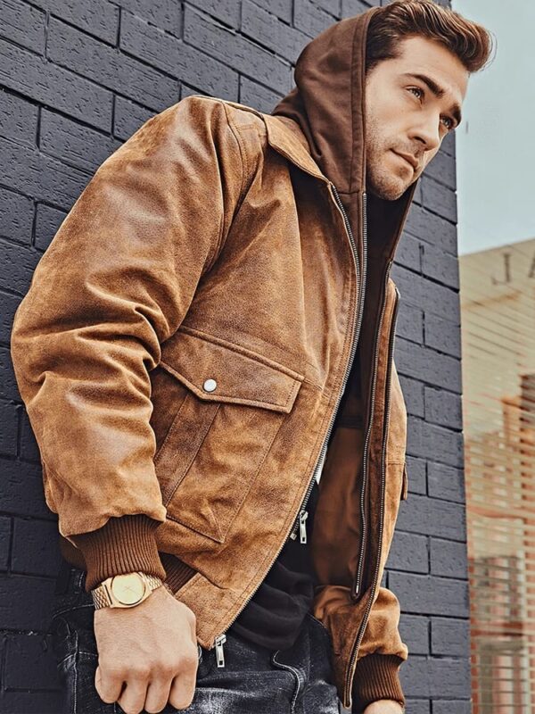 Men’s Tan Brown Distressed Leather Removable Hood Bomber Jacket - Kualited