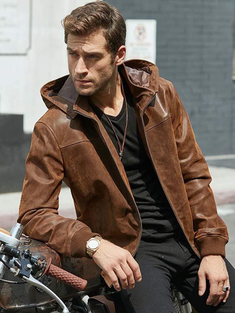 Men’s Tan Brown Leather Bomber Jacket Removable Hood - Kualited