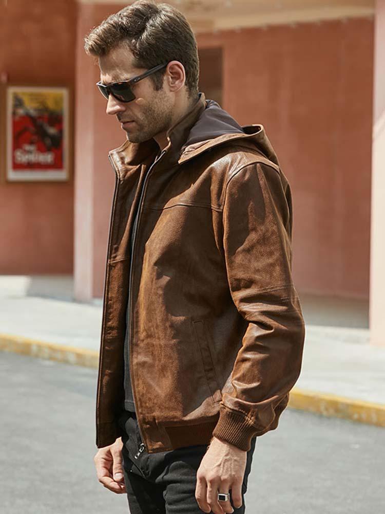 Men’s Tan Brown Leather Bomber Jacket Removable Hood - Kualited
