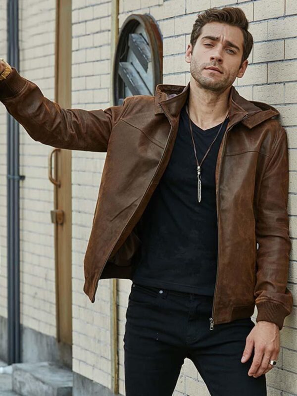 Men’s Tan Brown Leather Bomber Jacket Removable Hood - Kualited