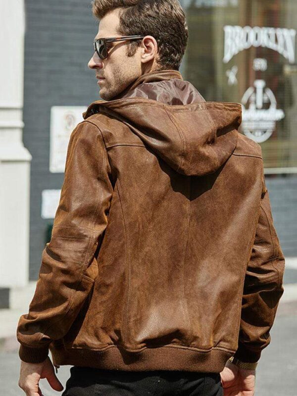 Men’s Tan Brown Leather Bomber Jacket Removable Hood