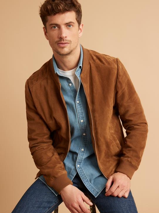 Men’s Tan Brown Suede Leather Bomber Jacket - Kualited