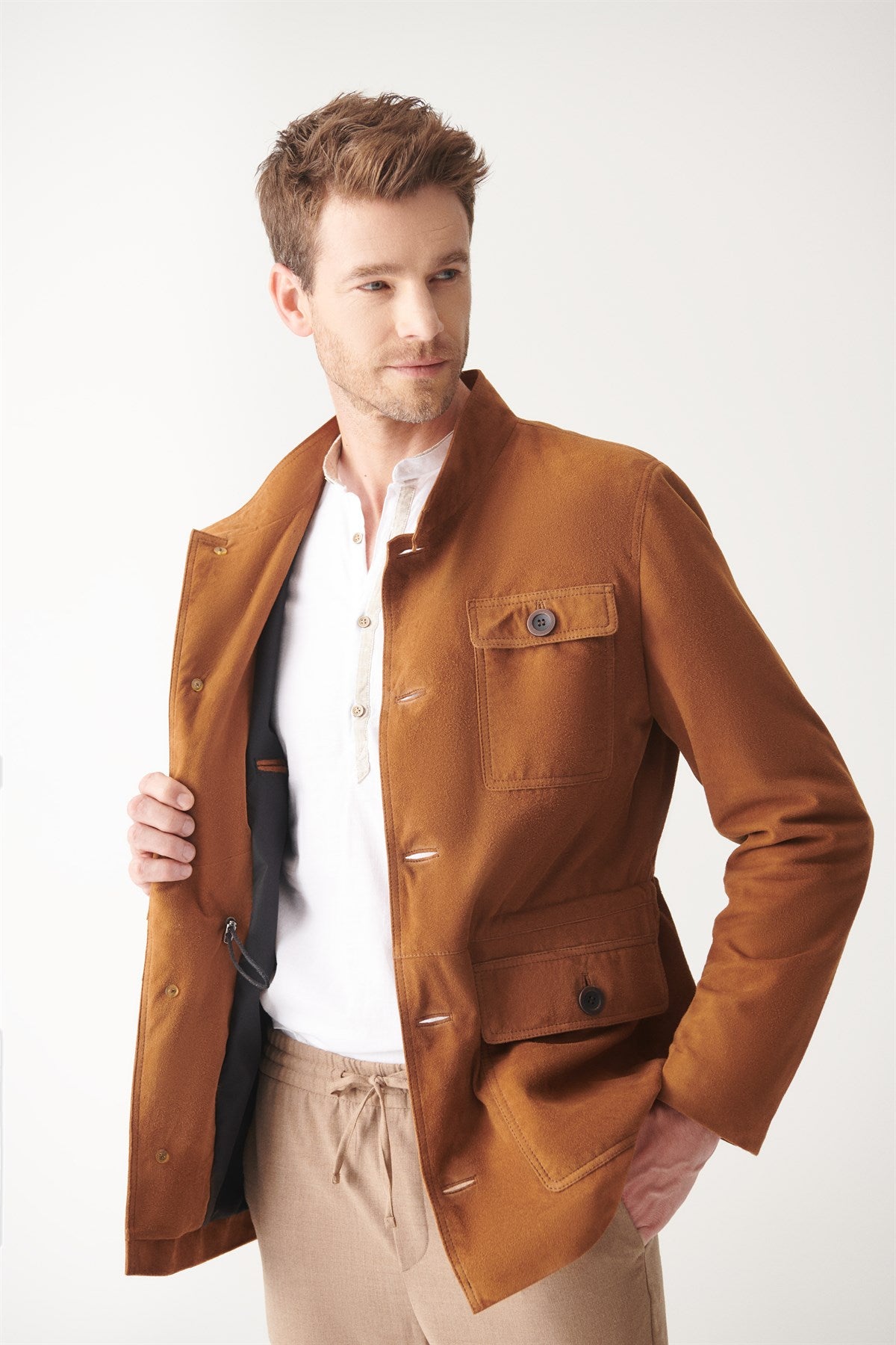 Men’s Tan Brown Suede Leather Trucker Coat - Kualited