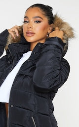 PETITE BLACK FAUX FUR HOODED PUFFER JACKET