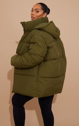 PLUS KHAKI POCKET DETAIL OVERSIZED HOODED PUFFER JACKET
