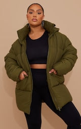 PLUS KHAKI POCKET DETAIL OVERSIZED HOODED PUFFER JACKET