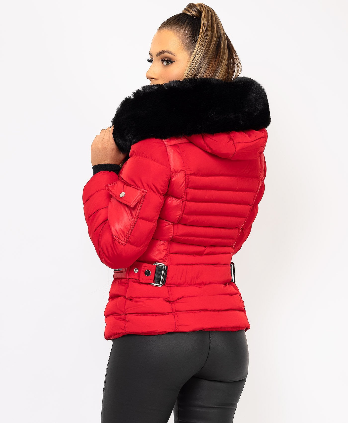 Red Padded Quilted Faux Fur Hooded Puffer Jacket