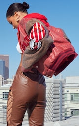 RED SLOGAN DISTRESSED FAUX LEATHER HOODED BOMBER