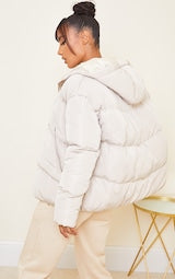 SAND HOODED PADDED OVERSIZED PUFFER JACKET