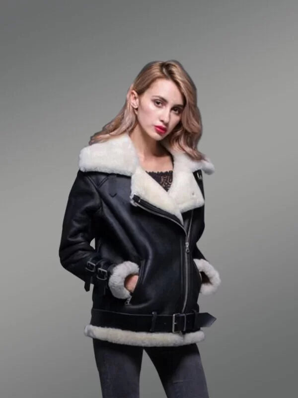 Sheepskin Shearling Jacket for Women in Nappa Black Finish