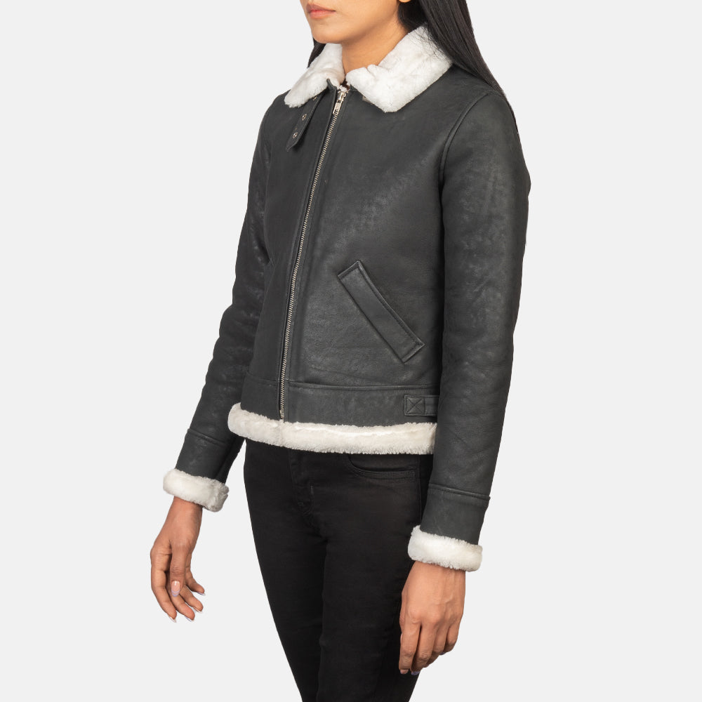 Sherilyn B-3 Black & White Leather Bomber Jacket - Kualited