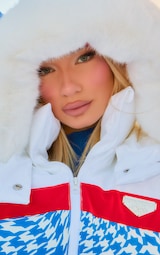 SKI BLUE AND WHITE FAUX FUR DOGTOOTH HOODED GILET