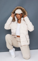 STONE QUILTED MARA FAUX FUR HOODED PUFFER JACKET