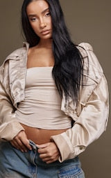 STONE SATIN OVERSIZED HOODED UTILITY BOMBER JACKET