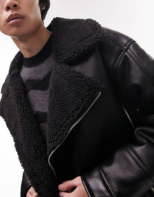 Topman faux shearling biker jacket in black