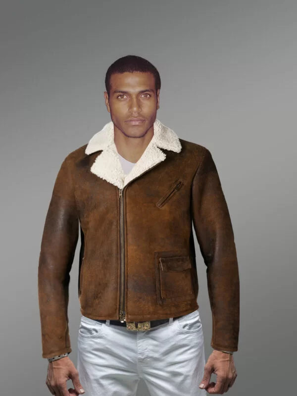 Vintage Rub Off Finish Brown Shearling Jacket For Men