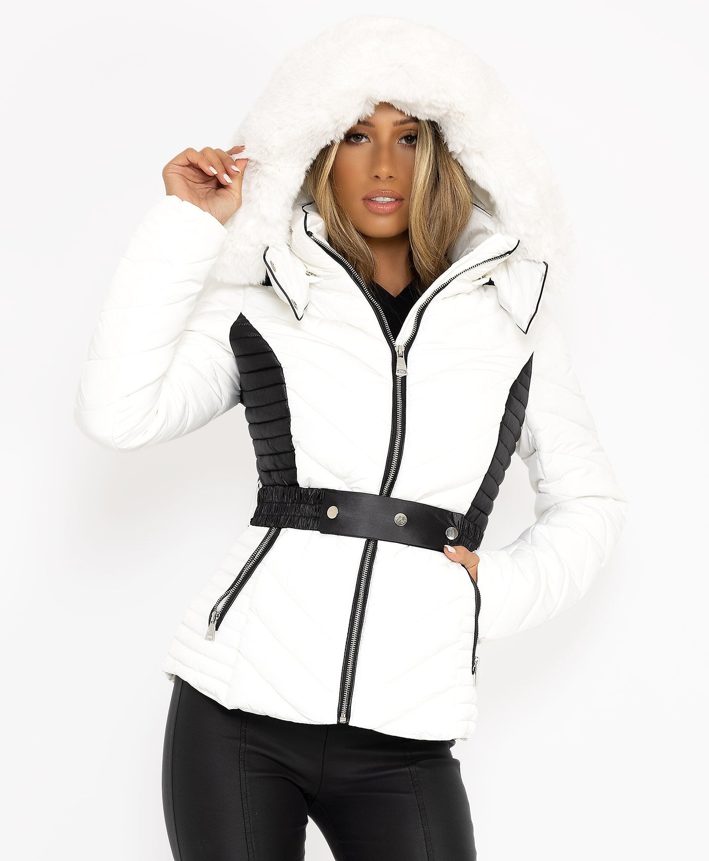 White Padded Quilted Faux Fur Belted Hooded Puffer Jacket