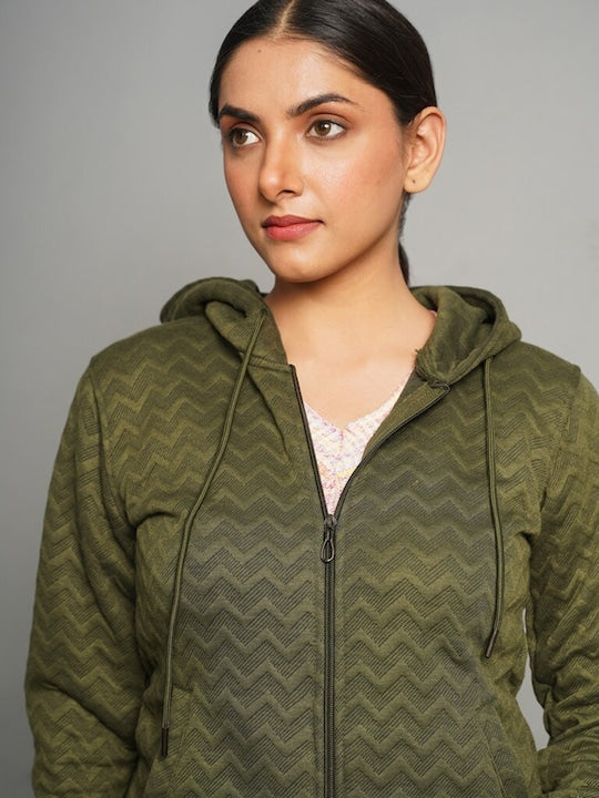Women Olive Green Hooded Bomber Jacket