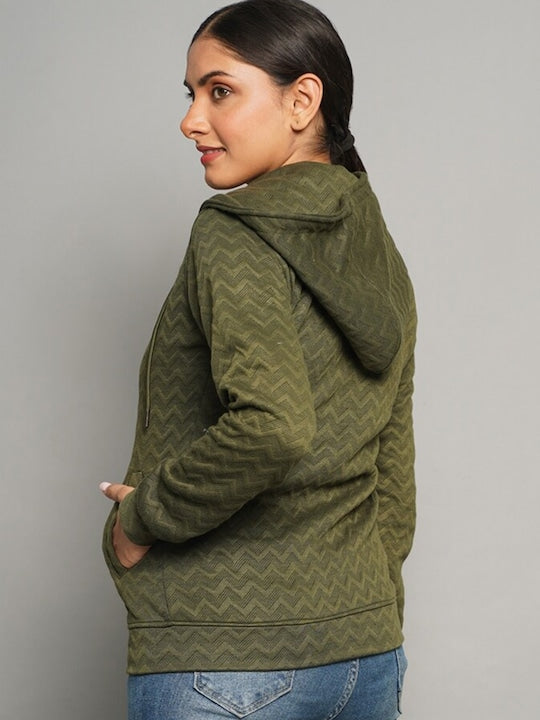 Women Olive Green Hooded Bomber Jacket