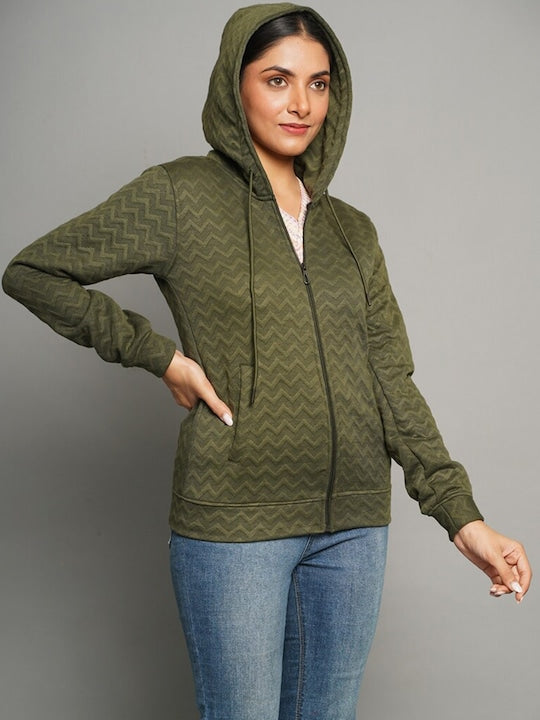 Women Olive Green Hooded Bomber Jacket
