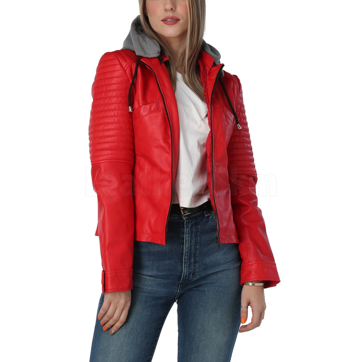 Women Red Leather Jacket With Gray Hooded