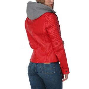 Women Red Leather Jacket With Gray Hooded
